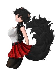 Rule 34 | 1girl, animal ear fluff, animal ears, black bra, blush, bonedaddy, bra, bra strap, buckle, choker, closed eyes, fangs, flannel, grin, head tilt, highres, leather, leather belt, leather vest, looking at viewer, mink, open clothes, open vest, original, pleated skirt, profile, red skirt, shirt, short hair, skirt, smile, spiked hair, taiggerrock, tail, tail raised, thighhighs, underwear, vest