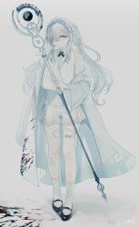 Rule 34 | 1girl, absurdres, arm sling, bad id, bad pixiv id, black footwear, closed mouth, coat, collared shirt, frilled hairband, frills, full body, gauze, grey eyes, hair ornament, hair ribbon, hairband, hairclip, highres, iei000, leg wrap, long hair, looking at viewer, original, ribbon, shirt, shoes, skirt, socks, solo, standing, wand, white background, white coat, white hair, white shirt, white skirt, white socks