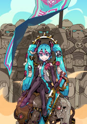 Rule 34 | 1girl, :t, adeptus astartes, aqua eyes, aqua hair, banner, black footwear, black gloves, boots, chainsword, commentary, cpt hamburger, crossed legs, crossover, elbow gloves, english commentary, femdom, flag, flat chest, gloves, hair ornament, halo, hatsune miku, headset, highres, human furniture, long hair, looking at viewer, mechanical halo, multiple boys, necktie, sitting, sitting on person, smile, smug, solo focus, thigh boots, thighhighs, twintails, very long hair, vocaloid, warhammer 40k