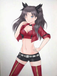 Rule 34 | 1girl, absurdres, black hair, blue eyes, boots, breasts, choker, cleavage cutout, clothing cutout, crop top, cropped jacket, fate/stay night, fate (series), hand on own hip, highres, looking at viewer, navel, notejhay, one eye closed, shorts, simple background, small breasts, smile, solo, thigh boots, tohsaka rin, twintails, white background