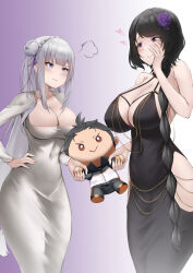 Rule 34 | 1boy, 2girls, absurdres, annoyed, backless dress, backless outfit, black dress, black hair, blush, braid, breasts, chain, cleavage, cocktail dress, collarbone, commission, commissioner upload, covered navel, crown braid, dongtan dress, dress, elf, elsa granhilte, emilia (re:zero), flower, gold chain, gradient background, grey dress, grey hair, hair flower, hair ornament, hair ribbon, hand on own hip, heart, highres, hip vent, holding, holding stuffed toy, irkawaza, jacket, knee up, large breasts, long hair, long sleeves, mature female, meme attire, modakawa dress, mole, mole under eye, multiple girls, natsuki subaru, non-web source, open mouth, pointy ears, pout, pulling, purple eyes, purple ribbon, re:zero kara hajimeru isekai seikatsu, ribbon, rose, scoop neck, short hair, smile, staring, stuffed toy, taut clothes, taut dress, tight clothes, track jacket, track suit, white flower, white hair, white rose