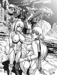 Rule 34 | 2girls, breasts, character request, covered erect nipples, greyscale, hair behind ear, head tilt, highres, large breasts, long hair, looking at viewer, looking back, mecha, monochrome, mountain, multiple girls, pilot suit, popgun (22882502), robot, saber tiger (zoids), skin tight, sky, smile, zoids