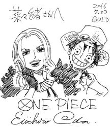 Rule 34 | 1boy, 1girl, 2016, baccarat (one piece), dated, gloves, hat, long hair, looking at viewer, monkey d. luffy, monochrome, oda eiichirou, oda eiichirou (style), one piece, short hair, simple background, smile, source request, translation request