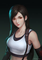 Rule 34 | 1girl, absurdres, bare shoulders, black hair, black skirt, breasts, brown eyes, closed mouth, earrings, elbow gloves, elbow pads, final fantasy, final fantasy vii, final fantasy vii remake, fingerless gloves, gloves, highres, jewelry, large breasts, long hair, midriff, pencil skirt, shirt, signature, skirt, smile, suspender skirt, suspenders, suspenders gap, swept bangs, takashi tan, tank top, taut clothes, taut shirt, tifa lockhart, very long hair, white tank top