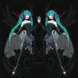 Rule 34 | absurdres, aqua hair, cd, clone, detached sleeves, green eyes, hatsune miku, highres, long hair, lostarea, shoes, symmetrical hand pose, symmetry, thighhighs, twintails, vocaloid