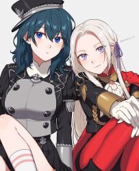 Rule 34 | 2girls, blue eyes, byleth (female) (fire emblem), byleth (fire emblem), cape, closed mouth, edelgard von hresvelg, fire emblem, fire emblem: three houses, garreg mach monastery uniform, gloves, hair ornament, hair ribbon, highres, long hair, long sleeves, looking at viewer, multiple girls, nintendo, official alternate costume, peach11 01, purple eyes, red cape, ribbon, sideways hat, simple background, smile, uniform, white hair