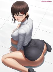 Rule 34 | 1girl, absurdres, ass, bent over, black eyes, black hair, blush, breasts, bright pupils, chainsaw man, cleavage, collarbone, collared shirt, hair behind ear, higashiyama kobeni, highres, huge ass, large breasts, long sleeves, medium hair, mole, mole under eye, office lady, pencil skirt, ponytail, shadow, shirt, simple background, sitting, skirt, solo, superbusty, sweat, thick thighs, thighs, wariza, white background, white shirt