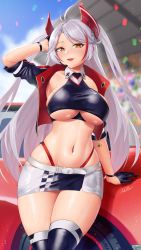 Rule 34 | 1girl, absurdres, antenna hair, arm behind head, arm support, arm up, azur lane, belt, black gloves, black jacket, black shirt, black thighhighs, blouse, blue sky, blush, breasts, car, cloud, collarbone, collared shirt, commentary, confetti, cowboy shot, crop top, cropped jacket, cross, day, earpiece, english commentary, gloves, hair between eyes, half gloves, headgear, highres, iron blood (emblem), iron cross, jacket, large breasts, long hair, looking at viewer, microskirt, mole, mole on breast, motor vehicle, multicolored hair, navel, off shoulder, official alternate costume, open clothes, open jacket, orange eyes, outdoors, parted lips, pencil skirt, porsche, prinz eugen (azur lane), prinz eugen (final lap) (azur lane), race queen, race vehicle, racecar, red hair, shadow, shiny skin, shirt, sideboob, sidelocks, signature, silver hair, skindentation, skirt, sky, smile, solo, standing, stomach, streaked hair, sweat, swept bangs, thick thighs, thighhighs, thighs, two side up, underboob, very long hair, white belt, white skirt, whitter, zettai ryouiki, zipper pull tab