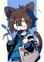 Rule 34 | 1other, animal ears, badge, black jacket, blue background, blue hoodie, brown hair, brown tail, button badge, cat ears, cat tail, cattail, cellphone, cowboy shot, drawstring, fangs, grey bag, grey pants, hands up, highres, holding, holding plant, holding strap, hood, hood down, hoodie, jacket, limited palette, long sleeves, looking at viewer, matakichi (yaigi), open clothes, open jacket, open mouth, orange eyes, original, pants, paw print, phone, plant, pocket, polka dot, polka dot background, sanpaku, short hair, smartphone, solo, stuffed toy, tail, tied drawstring, yaigi