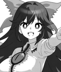 Rule 34 | 1girl, :d, bow, breasts, bright pupils, collared shirt, commentary request, greyscale, hair between eyes, hair bow, large breasts, long hair, looking at viewer, medium bangs, monochrome, onkn sxkn, open mouth, pointing, puffy short sleeves, puffy sleeves, reiuji utsuho, shirt, short sleeves, sidelocks, simple background, smile, solo, teeth, third eye, touhou, upper body, upper teeth only