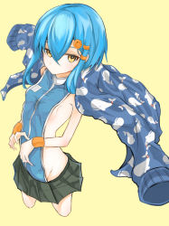 Rule 34 | 1girl, animal print, backless outfit, bare back, bird hair ornament, black skirt, blue hair, breasts, closed mouth, cowboy shot, fish print, groin, guruten11, hair between eyes, hair ornament, hair tie, hairclip, jacket, jacket on shoulders, looking at viewer, original, pleated skirt, porta (guruten11), revealing clothes, short hair, sideboob, sidelocks, simple background, skirt, small breasts, solo, whale print, wristband, yellow background, yellow eyes