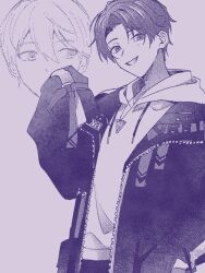 Rule 34 | 1boy, clothes writing, curtained hair, double-parted bangs, drawstring, hair between eyes, highres, hood, hood down, hoodie, jacket, jacket over hoodie, jewelry, kenmochi touya, kenmochi touya (8th costume), long sleeves, looking at viewer, looking to the side, male focus, mokemoke chan, monochrome, multiple views, necklace, nijisanji, open clothes, open jacket, open mouth, purple theme, short hair, simple background, sleeves past fingers, sleeves past wrists, solo, streetwear, teeth, triangle, unzipped, upper body, virtual youtuber