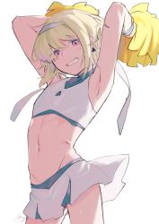 Rule 34 | 1boy, armpits, blonde hair, blush, cheering, cheerleader, crop top, highres, lio fotia, looking at viewer, male focus, midriff, miniskirt, moegi0926, navel, pom pom (cheerleading), promare, simple background, skirt, sleeveless, solo, trap, white background
