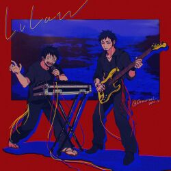 Rule 34 | 2boys, arm tattoo, bass guitar, black hair, black pants, black shirt, closed mouth, commentary request, demorzel, earrings, facial hair, full body, goatee, hand tattoo, highres, holding, holding microphone, instrument, jewelry, keyboard (instrument), looking at viewer, male focus, microphone, monkey d. luffy, multiple boys, music, one piece, open mouth, pants, playing bass, scar, scar on face, shirt, shoes, short hair, singing, tattoo, trafalgar law, yellow eyes