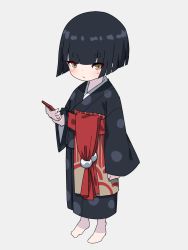 Rule 34 | 1girl, black hair, black kimono, blush, brown eyes, cellphone, closed mouth, commentary request, full body, grey background, highres, holding, holding phone, japanese clothes, kimono, kuro kosyou, long sleeves, no shoes, obi, original, phone, polka dot, polka dot kimono, sash, short eyebrows, simple background, sleeves past wrists, socks, solo, standing, thick eyebrows, white socks, wide sleeves