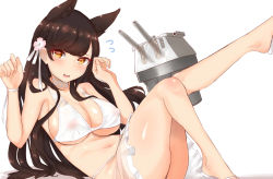 Rule 34 | 1girl, :d, absurdres, animal ears, atago (azur lane), atago (summer march) (azur lane), azur lane, bad id, bad pixiv id, bare legs, bare shoulders, bikini, blush, breasts, brown hair, choker, cleavage, commentary request, covered erect nipples, flower, flying sweatdrops, fox ears, hair flower, hair ornament, hands up, highres, kemonomimi mode, large breasts, legs, legs up, long hair, looking at viewer, lying, makano mucchi, mole, mole under eye, navel, nervous smile, on back, open mouth, robot, sandals, sarong, see-through, simple background, smile, solo, stomach, sweat, swept bangs, swimsuit, white background, white bikini, white choker, wristband