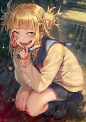 Rule 34 | 1girl, air conditioner, alley, black footwear, blood, blood on clothes, blood on face, blood on hands, blood splatter, bloody knife, blue sailor collar, blue skirt, blue socks, blunt bangs, blush, boku no hero academia, can, cardigan, chain-link fence, commentary, dirt floor, double bun, drink can, eyelashes, fang, fence, from above, full body, hagure keg, hair bun, hair up, hand on own face, highres, holding, holding knife, knife, light particles, loafers, looking at viewer, looking up, messy hair, neckerchief, open mouth, pleated skirt, pool of blood, raised eyebrows, red neckerchief, sailor collar, sanpaku, school uniform, serafuku, shadow, shoes, sidelocks, skirt, slit pupils, smile, smoking pipe, socks, soda can, solo, squatting, toga himiko, tongue, tongue out, yellow cardigan, yellow eyes