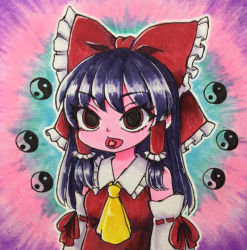 Rule 34 | 1girl, :p, acid trip, ascot, bad id, bad pixiv id, black hair, bow, breasts, collar, detached sleeves, dilated pupils, djrem, drugs, frilled bow, frilled collar, frills, hair bow, hair tubes, hakurei reimu, lsd, medium hair, portrait, red bow, red eyes, red vest, ribbon-trimmed sleeves, ribbon trim, solo, tongue, tongue out, touhou, traditional media, upper body, vest, wide-eyed, yellow ascot, yin yang