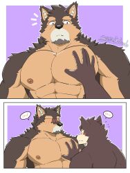 Rule 34 | 2boys, abs, animal ears, bara, blush, brown fur, completely nude, couple, dog boy, dog ears, facial hair, furry, furry male, furry with furry, goatee, groping, highres, large pectorals, live a hero, male focus, male protagonist (live a hero), mallards, meme, multiple boys, muscular, muscular male, nipples, no eyes, nude, pectoral grab (sibi2028), pectorals, pubraseer (live a hero), short hair, spoken blush, stomach, thick eyebrows, two-tone fur, yaoi