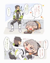 Rule 34 | 1boy, 1girl, ^ ^, animification, apex legends, bento, black hair, black pants, blush, boots, chopsticks, closed eyes, crypto (apex legends), food, food on face, green eyes, green vest, grey eyes, grey hair, hair behind ear, highres, holding, holding bento, holding chopsticks, looking down, looking to the side, mochikororin, nojima minami, open mouth, pants, parted hair, short hair, smile, speech bubble, thought bubble, translation request, valkyrie (apex legends), vest, white footwear