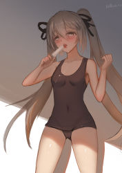 Rule 34 | 10s, 1girl, 2016, absurdres, baliu, blush, cameltoe, cream, dated, food, gluteal fold, highres, kasugano sora, one-piece swimsuit, popsicle, school swimsuit, grey eyes, silver hair, solo, swimsuit, twintails, yosuga no sora
