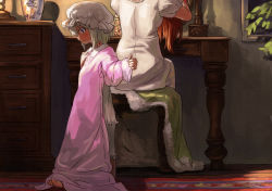 Rule 34 | 2girls, aged down, back, barefoot, child, dress, female focus, hat, head out of frame, hong meiling, indoors, izayoi sakuya, long hair, mob cap, multiple girls, nightgown, oversized clothes, picture frame, red hair, shibasaki shouji, silver hair, sitting, solo focus, standing, table, touhou, unworn dress, vanity table, white hat