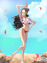 Rule 34 | 1girl, absurdres, bikini, breasts, brown hair, cidades, dancer, dancing, dressrosa, flamenco dancer, flower ornament, full body, highres, large breasts, lips, long hair, one piece, petals, pinup (style), polka dot, polka dot bikini, rose in hair, rose petals, solo, swimsuit, viola (one piece)