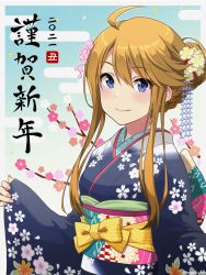 Rule 34 | 1girl, 2021, absurdres, ahoge, alternate hairstyle, blue background, blue eyes, blue flower, blue kimono, blush, border, bow, braid, branch, brown hair, cherry blossoms, chinese zodiac, closed mouth, commentary request, egasumi, fingernails, floral print, flower, gradient background, hair bun, hair flower, hair ornament, hand up, highres, idolmaster, idolmaster million live!, japanese clothes, kimono, kurobako bb, long hair, long sleeves, looking at viewer, nengajou, new year, obi, outside border, pink flower, print kimono, purple flower, sash, sidelocks, single hair bun, sleeves past wrists, smile, solo, standing, striped, striped bow, swept bangs, tokoro megumi, upper body, white background, white border, white flower, wide sleeves, year of the ox, yellow bow, yellow flower
