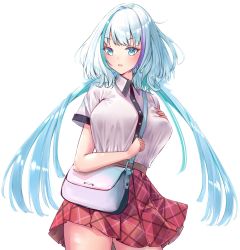 Rule 34 | 1girl, bag, blue eyes, blue hair, breasts, casual, collared shirt, dotorupien, hand on own chest, handbag, highres, indie virtual youtuber, large breasts, long hair, looking at viewer, low twintails, miniskirt, mole, mole under mouth, multicolored hair, open mouth, pleated skirt, purple hair, red skirt, shigoku tobi, shirt, short sleeves, simple background, skirt, solo, streaked hair, taut clothes, taut shirt, twintails, very long hair, virtual youtuber, white background, white hair, white shirt
