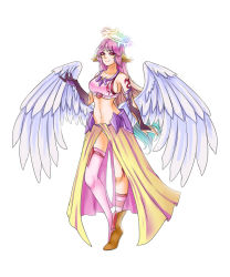 Rule 34 | 1girl, angel, angel wings, asymmetrical legwear, breasts, closed mouth, commentary, spiked halo, crop top, elbow gloves, english commentary, feathered wings, full body, gloves, gradient hair, halo, jibril (no game no life), large breasts, liliadria, long hair, looking at viewer, low wings, magic circle, midriff, mismatched legwear, multicolored eyes, multicolored hair, navel, no game no life, orange eyes, pink hair, shoes, sideboob, single shoe, smile, solo, tattoo, white wings, wing ears, wings, yellow eyes