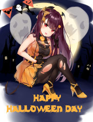 Rule 34 | 1girl, absurdres, bad id, bad pixiv id, bare shoulders, bat (animal), black gloves, black hair, black wings, blush, bow, breasts, commentary, dress, food-themed hair ornament, ghost, girls&#039; frontline, gloves, hair bow, hair ornament, halloween, happy halloween, head wings, high heels, highres, kian, large breasts, long hair, looking at viewer, md5 mismatch, moon, multicolored clothes, multicolored dress, official alternate costume, orange footwear, pantyhose, pumpkin, pumps, red eyes, resolution mismatch, sitting, sleeveless, sleeveless dress, solo, striped, striped bow, torn clothes, torn pantyhose, wa2000 (girls&#039; frontline), wa2000 (haunted castle) (girls&#039; frontline), wings
