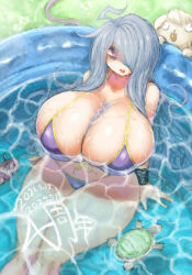 Rule 34 | 1girl, 2b-ge, ahoge, bags under eyes, bikini, breasts, bursting breasts, curvy, dog, female focus, from above, gigantic breasts, grey hair, hair over one eye, in water, long hair, looking at viewer, mei (2b-ge), micro bikini, open mouth, original, pool, purple bikini, sitting, smile, solo, swimsuit, thick thighs, thighs, turle, wet, wide hips