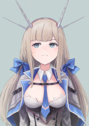 Rule 34 | 1girl, between breasts, blue eyes, blue necktie, bow, breasts, capelet, closed mouth, dress, grey background, hair bow, headgear, highres, kantai collection, light brown hair, long hair, long sleeves, low twintails, maryland (kancolle), medium breasts, necktie, necktie between breasts, simple background, solo, taruya, twintails, upper body, very long hair