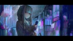 Rule 34 | 1girl, barbell piercing, black hoodie, blue hair, blunt bangs, blurry, blurry background, cellphone, city, closed mouth, commentary, commentary request, ear piercing, english commentary, half-closed eyes, highres, holding, holding phone, holding umbrella, hood, hood up, hoodie, industrial piercing, kotonoha aoi, letterboxed, light frown, long sleeves, looking at viewer, mixed-language commentary, neon lights, ononoono, phone, piercing, rain, red eyes, sidelocks, sideways glance, smartphone, solo, transparent, transparent umbrella, umbrella, upper body, voiceroid, zipper