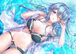Rule 34 | 1girl, ;d, absurdres, areola slip, armpits, bare shoulders, black bra, black panties, blue eyes, blue hair, blush, bra, breasts, cleavage, collarbone, emori miku, groin, hair between eyes, hair spread out, hands up, highres, huge filesize, large breasts, liver city, long hair, looking at viewer, navel, one eye closed, open clothes, open mouth, open shirt, panties, partially submerged, sakura moyon, shirt, short sleeves, smile, solo, stomach, thighs, underwear, very long hair, water, white shirt