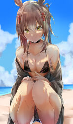 Rule 34 | 1girl, absurdres, alternate costume, animal ears, beach, bikini, black bikini, black choker, black hoodie, blue sky, breasts, brown hair, choker, cleavage, closed mouth, cloud, cloudy sky, clover hair ornament, commentary request, fine motion (umamusume), green eyes, hair between eyes, hair ornament, highres, hood, hoodie, horse ears, horse girl, horse tail, jacket, jacket partially removed, looking at viewer, mamezou (tzakki023), medium breasts, medium hair, multicolored hair, outdoors, partial commentary, sand, sky, smile, solo, squatting, streaked hair, swimsuit, tail, umamusume, water, white hair