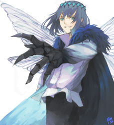 Rule 34 | 1boy, absurdres, black hair, blue eyes, fate/grand order, fate (series), fur trim, highres, looking at viewer, moedredd, oberon (fate), oberon (third ascension) (fate), signature, simple background, smile, solo, spoilers, white background, wings