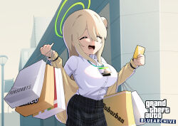 Rule 34 | 1girl, bag, black skirt, blonde hair, blue archive, breasts, buttons, closed eyes, collared shirt, commentary request, cowboy shot, credit card, fuka (kantoku), grand theft auto, green halo, hair between eyes, hair bun, halo, highres, holding, holding bag, id card, lanyard, large breasts, long bangs, long hair, nonomi (blue archive), open mouth, plaid, plaid skirt, shirt, shirt tucked in, shopping bag, sidelocks, single side bun, skirt, smile, solo