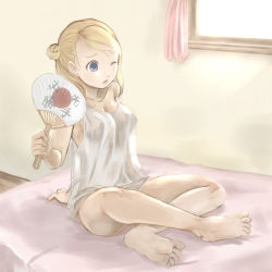 Rule 34 | 1girl, bad id, bad pixiv id, bare shoulders, barefoot, bed, blonde hair, blue eyes, bottomless, breasts, cleavage, collarbone, curtains, double bun, hand fan, feet, highres, indian style, indoors, large breasts, lingerie, long hair, no pants, on bed, one eye closed, open mouth, original, paper fan, shirt, sitting, soles, solo, strap slip, sweatdrop, t-shirt, toes, uchiwa, underwear, window, wink, yuzu-p