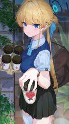 Rule 34 | 1girl, absurdres, alternate costume, bag, black skirt, blue archive, blue bow, blue bowtie, blue eyes, blue nails, blue vest, bow, bowtie, braid, breasts, cardigan vest, closed mouth, cup, cup holder, disposable cup, earrings, hair bow, hair bun, halo, highres, holding, holding cup, incoming drink, jewelry, looking at viewer, medium breasts, nox13, pleated skirt, school bag, short sleeves, skirt, solo, stud earrings, thighhighs, toki (blue archive), vest, white thighhighs, zettai ryouiki