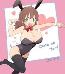 Rule 34 | 1girl, :d, absurdres, animal ears, black thighhighs, bow, bowtie, breasts, brown hair, bural chingu, cleavage, dated, detached collar, english text, fake animal ears, green eyes, hair between eyes, ham na-bi, heart, highres, huge breasts, leotard, long hair, looking at viewer, luke (dydansgur), open mouth, playboy bunny, pointing, rabbit ears, rabbit tail, smile, solo, tail, thighhighs, v-shaped eyebrows, wrist cuffs