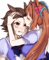 Rule 34 | 2girls, animal ears, blue bow, blue shirt, blush, bow, breasts, brown eyes, brown hair, closed mouth, commentary request, daiwa scarlet (umamusume), hair bow, hide oo, horse ears, kiss, kissing forehead, large breasts, long hair, multicolored hair, multiple girls, nose blush, parted lips, red bow, school uniform, shirt, simple background, streaked hair, sweat, tiara, tracen school uniform, twintails, umamusume, upper body, very long hair, vodka (umamusume), white background, white hair, yuri