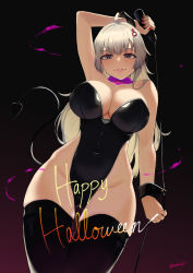 Rule 34 | 1girl, ak74m (girls&#039; frontline), bare shoulders, black thighhighs, breasts, cleavage, covered navel, feet out of frame, from above, girls&#039; frontline, grey hair, halloween, halloween costume, happy halloween, highres, holding, holding whip, kion-kun, large breasts, leotard, lips, long hair, looking at viewer, nail polish, open mouth, pink lips, playboy bunny, purple eyes, red nails, simple background, smile, smirk, solo, standing, thighhighs, thighs, twitter username