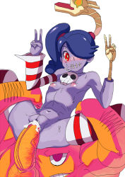 Rule 34 | 1girl, blue hair, blue skin, blush, breasts, colored skin, cum, cum in pussy, derivative work, detached sleeves, double v, drawfag, flat chest, hair over one eye, leviathan (skullgirls), long hair, monster, monster girl, nipples, nude, oekaki, penis, ponytail, pussy, red eyes, scar, sex, side ponytail, skullgirls, sleeves past wrists, solo, squigly (skullgirls), stitches, striped clothes, striped thighhighs, sweat, thighhighs, uncensored, v, vaginal, yellow eyes, zombie
