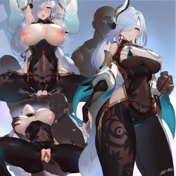 Rule 34 | 1boy, 1girl, bare shoulders, blue eyes, blush, bodysuit, braid, breasts, censored, chi-rol, clothed female nude male, clothed sex, covered navel, cowgirl position, dark-skinned male, dark skin, genshin impact, girl on top, hair ornament, hair over one eye, hetero, highres, hip vent, large breasts, long hair, long sleeves, looking at viewer, low-braided long hair, low-tied long hair, mosaic censoring, multiple views, nipples, nude, penis, puffy long sleeves, puffy sleeves, pussy, sex, shenhe (genshin impact), silver hair, straddling, tabard, tassel, thighs, torn bodysuit, torn clothes, vaginal, very long hair