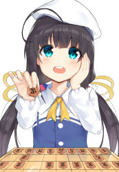 Rule 34 | 10s, 1girl, :d, absurdres, ahoge, bad id, bad pixiv id, beret, black hair, blue eyes, blunt bangs, blush, board game, hair ribbon, hand on own cheek, hand on own face, hat, highres, hinatsuru ai, holding, long sleeves, looking at viewer, low twintails, neck ribbon, noria, open mouth, ribbon, ryuuou no oshigoto!, shogi, simple background, smile, solo, twintails, upper body, white background, white hat, wing collar, yellow ribbon