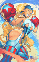 Rule 34 | 1girl, absurdres, ass, bandana, blonde hair, blue eyes, boxing gloves, breasts, capcom, chuck pires, cleavage, highres, justice gakuen, large breasts, long hair, looking at viewer, solo, striped clothes, striped thighhighs, thighhighs, tiffany lords, underboob