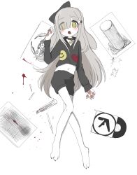 Rule 34 | 1girl, @ @, absurdres, animal collar, animal hands, aphex twin, blood, boxcutter, collar, grey hair, hair ornament, hair over one eye, highres, long hair, lying, navel, on back, original, oyasu miyo (vreparty), pawpads, rabbit hair ornament, self-harm, shorts, simple background, tongue, tongue out, vreparty, white background, yellow eyes