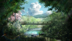 Rule 34 | artist name, bad id, bad pixiv id, blurry, bridge, cherry blossoms, cloud, commentary, day, highres, hill, horizon, landscape, nature, niko p, no humans, original, river, scenery, sketch, sky, texture, tree, wallpaper