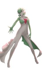 Rule 34 | 1girl, absurdres, breasts, collarbone, colored skin, covered navel, creatures (company), female focus, full body, game freak, gardevoir, gen 3 pokemon, green hair, green skin, hair over one eye, half-closed eyes, high heels, highres, isshi (user cdfg3847), large breasts, legs apart, multicolored skin, nintendo, outstretched arm, personification, pokemon, pokemon (creature), pussy, red eyes, short hair, simple background, solo, standing, two-tone skin, uncensored, white background, white skin